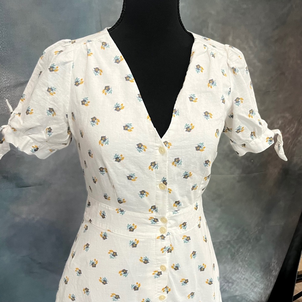 Gap Women White Floral Linen Blend‎ Button Front Tie Sleeve Mini Dress Size 0 - Picture 5 of 7
